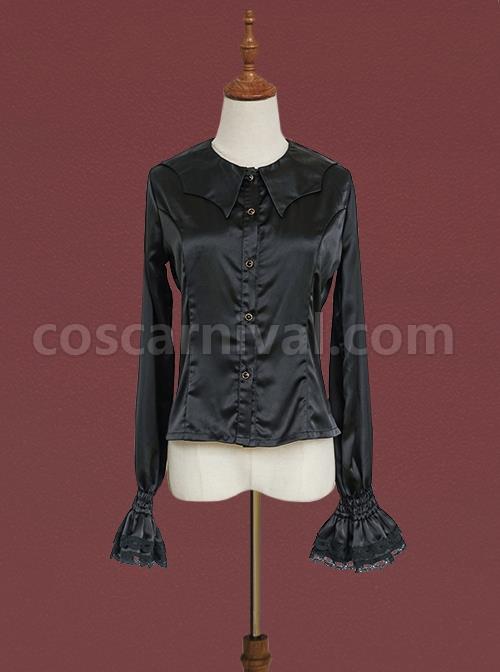 Black Simple Daily Lotus Leaf Neckline Design Gothic Lolita Long Sleeve Shirt coscarnival