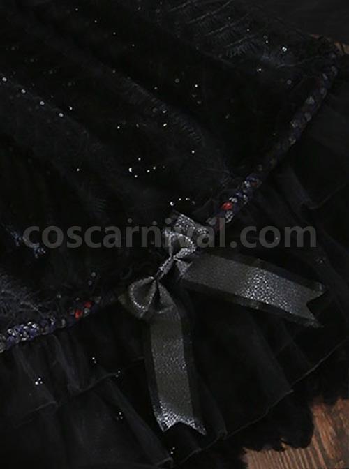 Black Upper Body Fake Two Piece Design Dark Elegant Sexy Halter Hem Feather Detachable Gothic Lolita Short Sleeve Dress