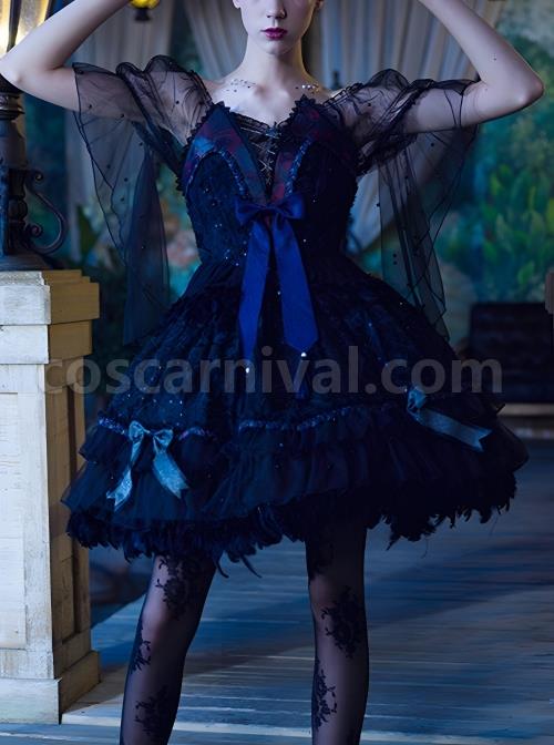 Black Upper Body Fake Two Piece Design Dark Elegant Sexy Halter Hem Feather Detachable Gothic Lolita Short Sleeve Dress coscarnival