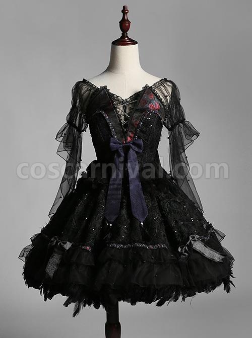 Black Upper Body Fake Two Piece Design Dark Elegant Sexy Halter Hem Feather Detachable Gothic Lolita Short Sleeve Dress