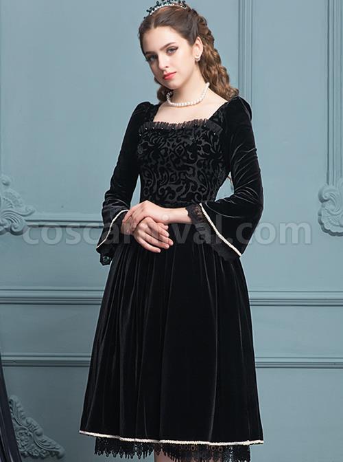 Black Velour Lace Edge Gothic Lolita Long Sleeve Dress coscarnival