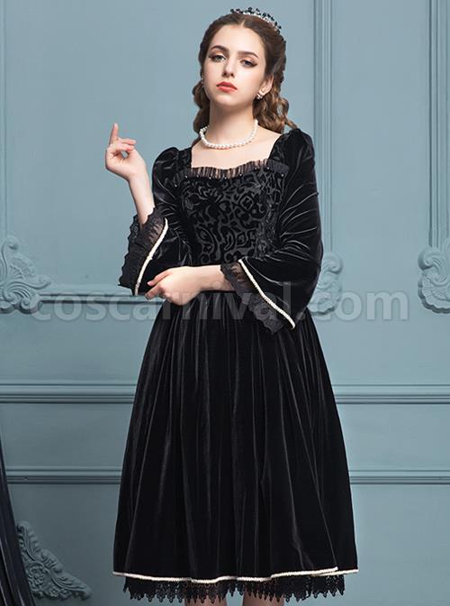 Black Velour Lace Edge Gothic Lolita Long Sleeve Dress coscarnival