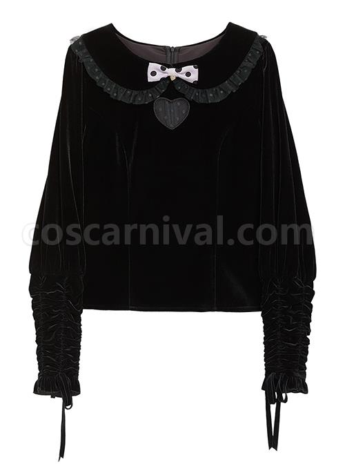 Black Velvet Crew Neck Heart Cutout Polka Dot Bow-Knot Frenulum Classic Lolita Long-Sleeved Shirt coscarnival