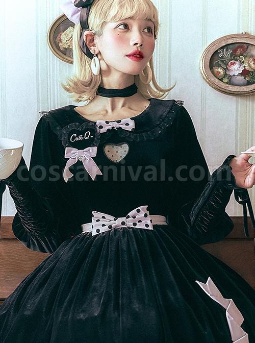 Black Velvet Crew Neck Heart Cutout Polka Dot Bow-Knot Frenulum Classic Lolita Long-Sleeved Shirt coscarnival