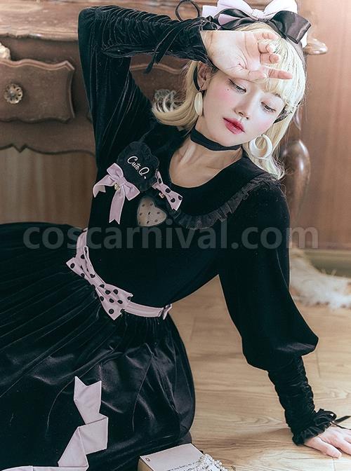 Black Velvet Crew Neck Heart Cutout Polka Dot Bow-Knot Frenulum Classic Lolita Long-Sleeved Shirt