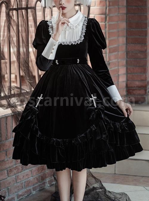 Black Velvet Vintage Elegant Lace Lapel Pearl Crucifix Decorative Gothic Lolita Long Sleeve Dress coscarnival