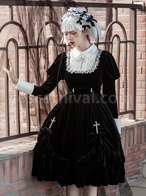 Black Velvet Vintage Elegant Lace Lapel Pearl Crucifix Decorative Gothic Lolita Long Sleeve Dress coscarnival