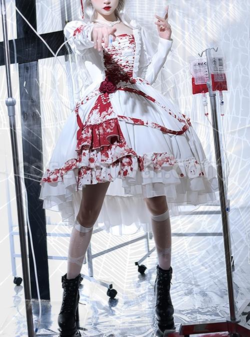 Blood Stained Series Dark Folds Bloodstained Decoration Detachable Rosette Slit Triple Hem Trim Long Sleeve Pearl Trim Gothic Lolita Dress coscarnival