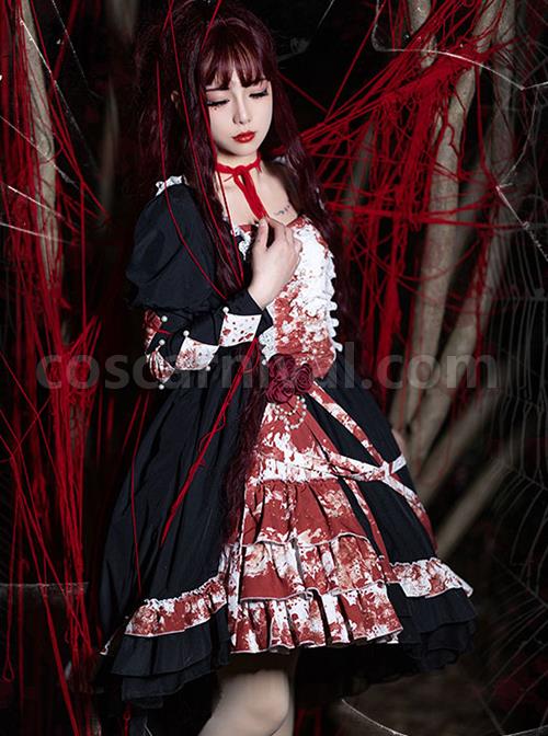 Blood Stained Series Dark Folds Bloodstained Decoration Detachable Rosette Slit Triple Hem Trim Long Sleeve Pearl Trim Gothic Lolita Dress coscarnival