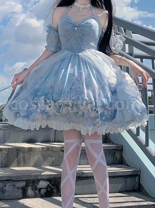 Blue-Elegance-Open-Back-Swan-Castle-Print-Bow-Lace-Bead-Chain-Necklace-Puff-Hand-Sleeve-Classic-Lolita-Sleeveless-Dress-coscarnival-3436