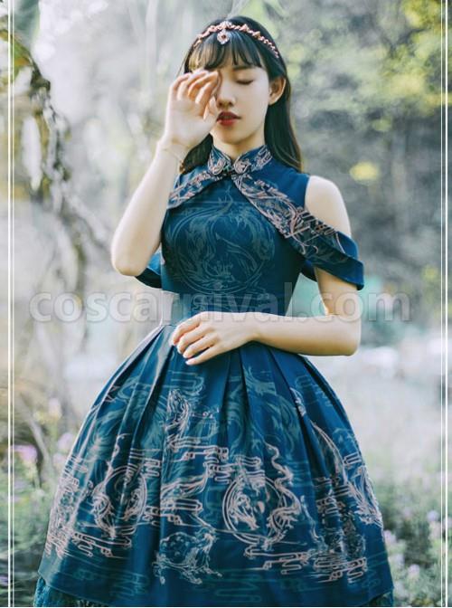Blue Kowloon Missing Shoulder Print Dress coscarnival