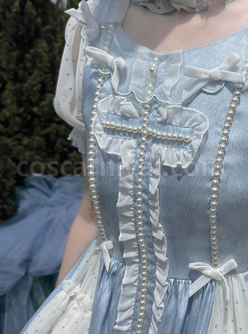 Bow-Petal-Collar-Polka-Dot-Chiffon-Puff-Sleeve-Pearl-Ruffle-Crucifix-Design-Classic-Lolita-Short-Sleeve-Dress-coscarnival-3440