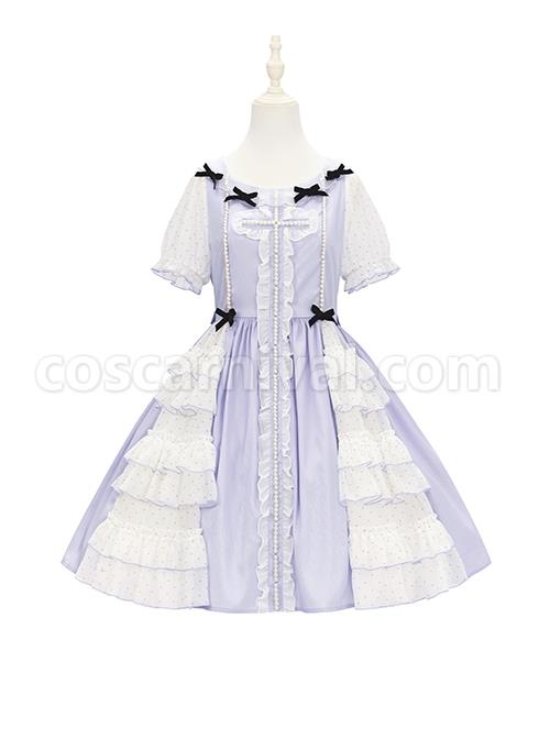 Bow-Petal-Collar-Polka-Dot-Chiffon-Puff-Sleeve-Pearl-Ruffle-Crucifix-Design-Classic-Lolita-Short-Sleeve-Dress-coscarnival-3483