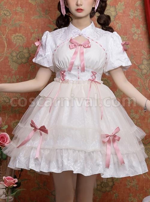 Bow-Print-Graphic-Decoration-Small-Shawl-Chinese-Style-Buckle-Design-Pleated-Fluffy-Lace-Hem-Classic-Lolita-Short-Sleeve-Dress-coscarnival-1401