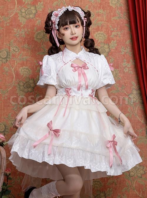 Bow-Print-Graphic-Decoration-Small-Shawl-Chinese-Style-Buckle-Design-Pleated-Fluffy-Lace-Hem-Classic-Lolita-Short-Sleeve-Dress-coscarnival-1405