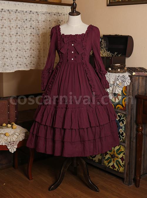 Bowknot-High-Waist-Pure-Color-Classic-Lolita-Half-Sleeve-Dress-coscarnival-279