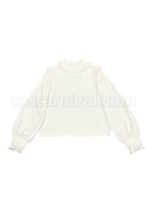 Briar Series White Knit Pleated Lace Long Sleeve Classic Lolita Inner Blouse coscarnival