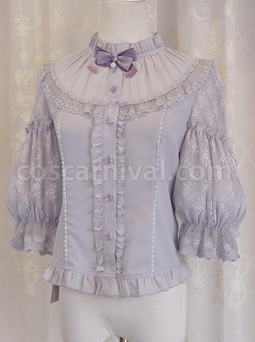 Budapest Gift Series Pure Color Simple Flower Jacquard Decoration Classic Lolita Vintage Lace Pleated Shirt coscarnival