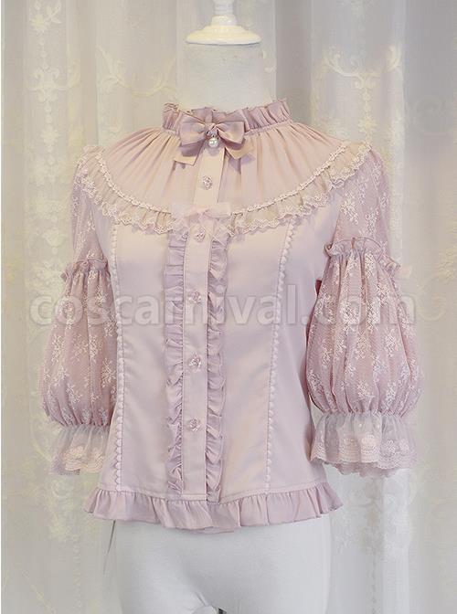 Budapest Gift Series Pure Color Simple Flower Jacquard Decoration Classic Lolita Vintage Lace Pleated Shirt coscarnival