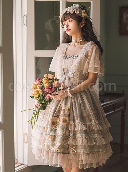 Bunny-Sunflower-Print-Bow-Knot-Waist-Frenulum-Polka-Dot-Ruffle-Smock-Classic-Lolita-Sleeveless-Dress-coscarnival-1398