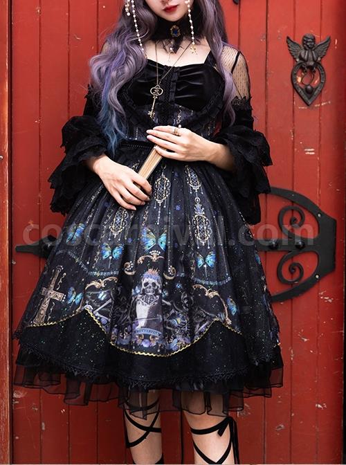 Butterfly Music Series OP Vintage Chiffon Pleated Lace Skull Butterfly Print Ruffled Pleated Puff Sleeves Dark Gothic Lolita Dress Set coscarnival