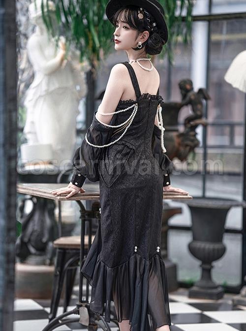 Camellia Series Elegant Black Rose Flower Bow Bead Chain Decoration Irregular Fishtail Hem Gothic Lolita Dress