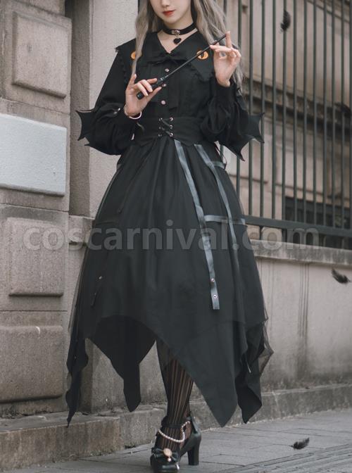 Cat-eye Series OP Black Halloween Darkness Retro Irregular Hem Gothic Lolita Long Sleeve Dress coscarnival