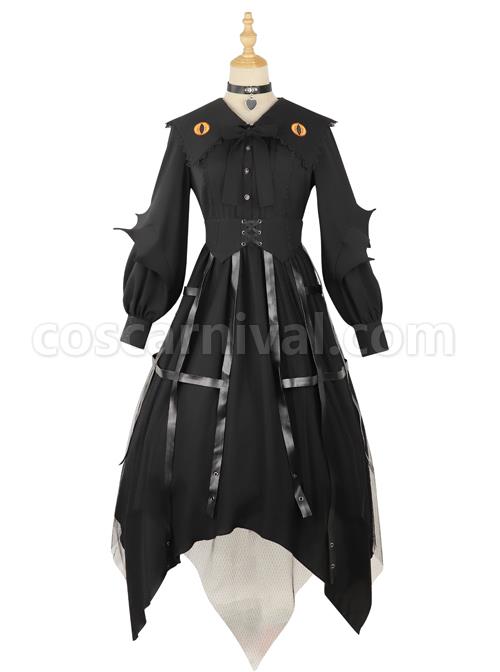 Cat-eye Series OP Black Halloween Darkness Retro Irregular Hem Gothic Lolita Long Sleeve Dress