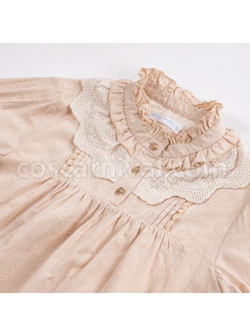 Catch Stars Series Cotton Jacquard Embroidery Folds Petal Neckline Rose Button Decoration Classic Lolita Short Sleeve Shirt coscarnival