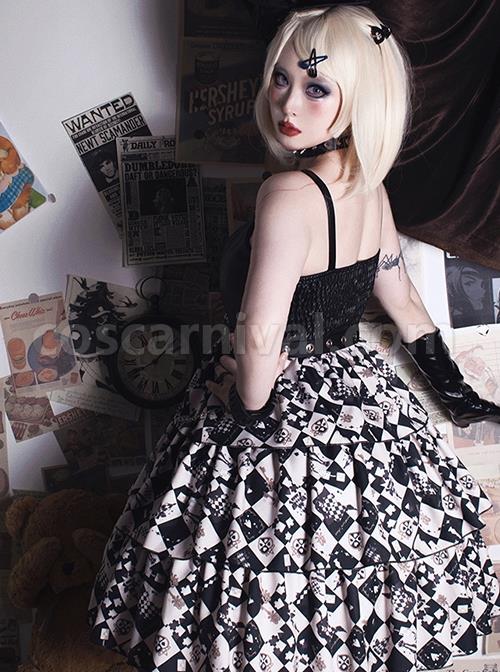 Checkerboard Grid Series Gothic Lolita Spring Plush Thermal Coat Print Sleeveless Dress Set