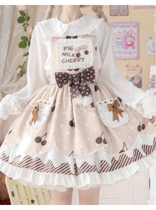 Cherry-Milk-Pie-Series-JSK-Cute-Polka-Dot-Pattern-Brown-Element-Bow-Tie-Pleated-Lace-Classic-Lolita-Sling-Dress-coscarnival-1372