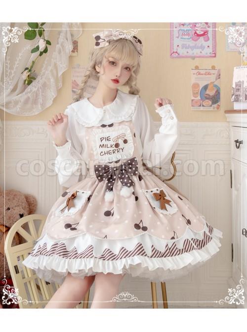 Cherry-Milk-Pie-Series-JSK-Cute-Polka-Dot-Pattern-Brown-Element-Bow-Tie-Pleated-Lace-Classic-Lolita-Sling-Dress-coscarnival-1386