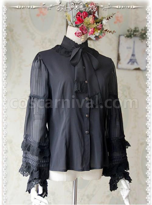 Chiffon Black Transparent Glass Striped Stand Collar Bow-tie Lolita Long Sleeve Shirt coscarnival