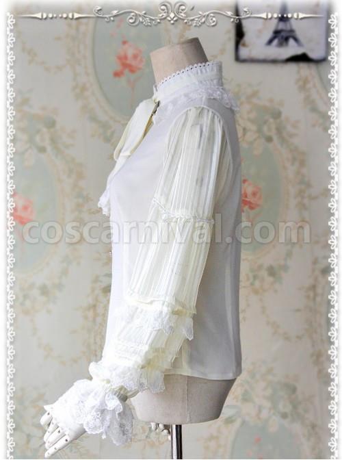 Chiffon Creamy-white Transparent Glass Striped Stand Collar Bow-tie Lolita Long Sleeve Shirt