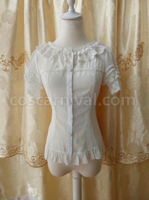 Chiffon Lace Ruffle Round Collar Slim Lolita Shirt coscarnival