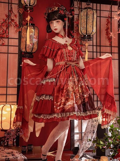 Chinese-Style-Printed-Red-Gold-Color-Lace-Ruffled-Classic-Lolita-Short-Sleeve-Dress-coscarnival-3265