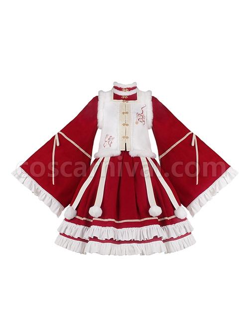 Chinese-Style-Red-Stand-Collar-Wide-Sleeves-Detachable-Pom-Bow-Knot-Square-Collar-Embroidered-Vest-Classic-Lolita-Long-Sleeve-Dress-Set-coscarnival-3257