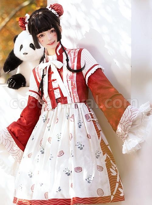 Chinese-Style-Ruffles-Small-Trumpet-Sleeves-Long-Sleeved-Short-Coat-Panda-Sandwich-Biscuit-Print-Classic-Lolita-Sleeveless-Dress-Set-coscarnival-3247