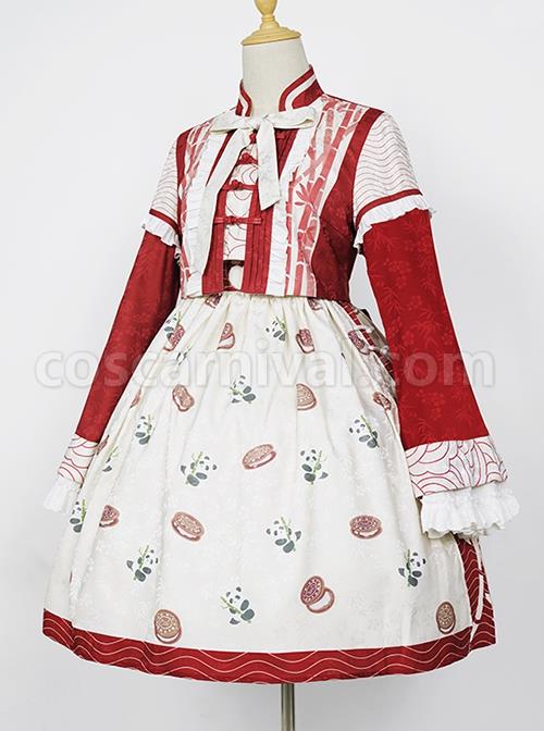 Chinese-Style-Ruffles-Small-Trumpet-Sleeves-Long-Sleeved-Short-Coat-Panda-Sandwich-Biscuit-Print-Classic-Lolita-Sleeveless-Dress-Set-coscarnival-3256