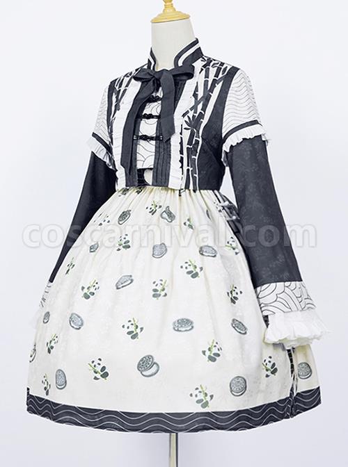 Chinese-Style-Ruffles-Small-Trumpet-Sleeves-Long-Sleeved-Short-Coat-Panda-Sandwich-Biscuit-Print-Classic-Lolita-Sleeveless-Dress-Set-coscarnival-3274