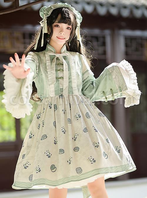 Chinese-Style-Ruffles-Small-Trumpet-Sleeves-Long-Sleeved-Short-Coat-Panda-Sandwich-Biscuit-Print-Classic-Lolita-Sleeveless-Dress-Set-coscarnival-3298