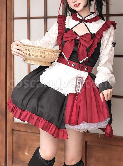 Chinese-Style-Stand-Collar-Hollow-Black-Red-Asymmetric-Hem-Design-Lace-Puff-Sleeves-Bowknot-Decoration-Classic-Lolita-Long-Sleeve-Dress-coscarnival-3235