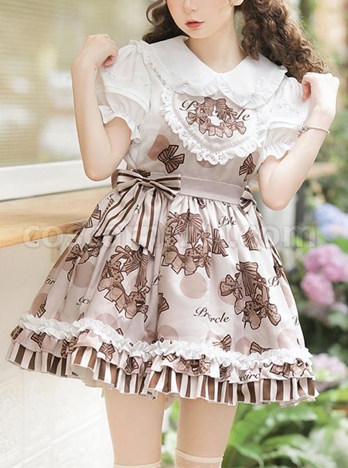 Chocolate-Wreath-Series-Brown-Bow-Knots-Print-Pattern-Decoration-Pleated-Lace-Doll-Neckline-Classic-Lolita-Strap-Dress-coscarnival-3204