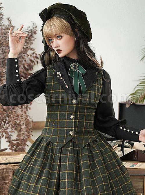 Classic Campus Plaid Design Handsome Black Lapel Metal Button Decoration Lolita Vest coscarnival