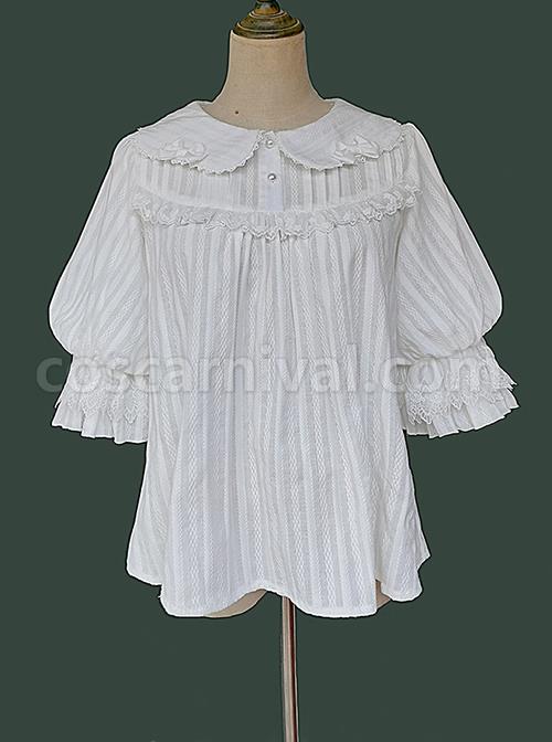 Classic Lolita Cotton Vertical Stripes Pleated Lace Trim Doll Neckline Bow Knot Decoration Flared Sleeve Blouse coscarnival