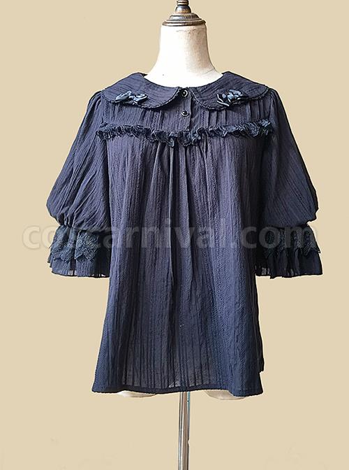 Classic Lolita Cotton Vertical Stripes Pleated Lace Trim Doll Neckline Bow Knot Decoration Flared Sleeve Blouse coscarnival