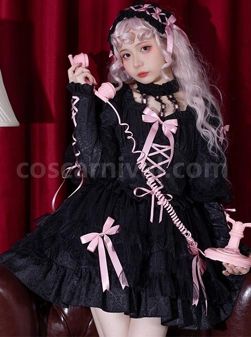 Classic-Lolita-Dark-Jacquard-Design-Crinkled-Pink-Tie-Bow-Trim-Cute-Girl-Puff-Sleeves-Dress-coscarnival-1741