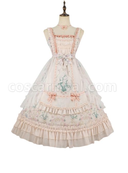Classic-Lolita-Lily-Of-The-Valley-Flower-Print-Decoration-Ruched-Ruffled-Hem-Lace-Bow-Knot-Slip-Dress-coscarnival-1734