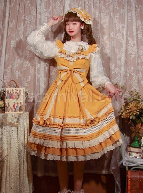 Classic-Lolita-Pleated-Ruffle-Design-Solid-Color-Hollow-Bow-Knots-Decoration-Hem-Short-Sleeve-Dress-coscarnival-3139