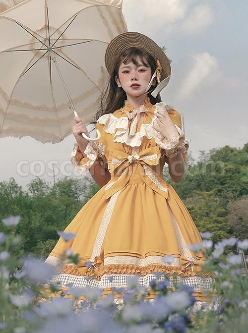 Classic-Lolita-Pleated-Ruffle-Design-Solid-Color-Hollow-Bow-Knots-Decoration-Hem-Short-Sleeve-Dress-coscarnival-3146